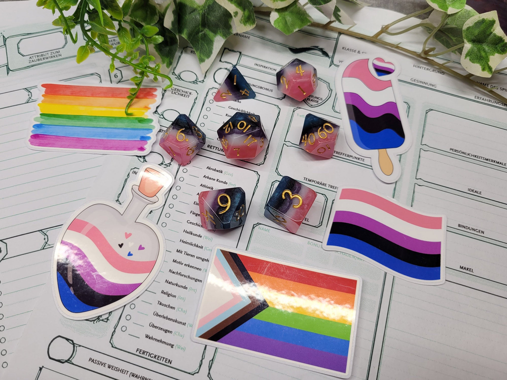 Genderfluid Pride dice set with stickers