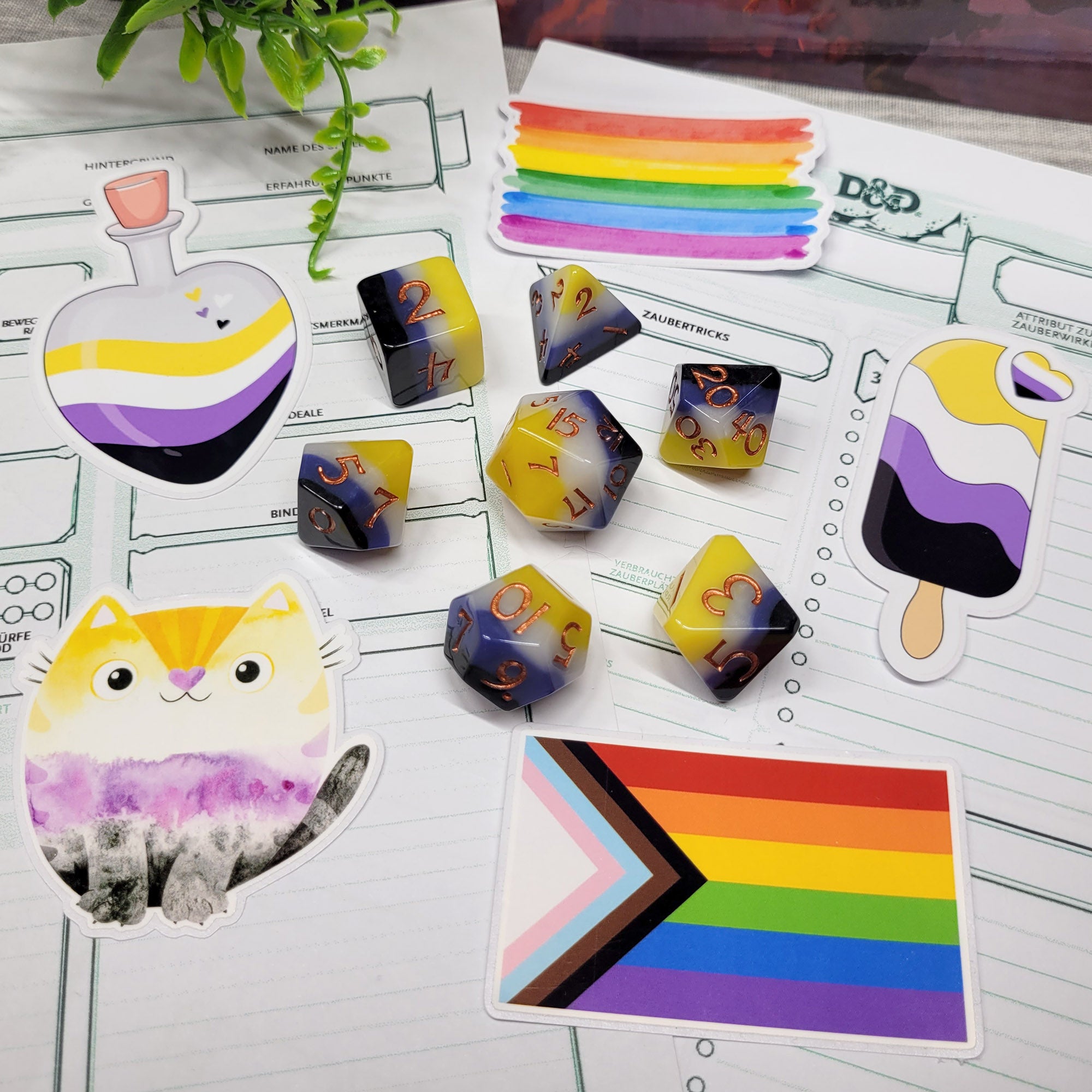 Non-Binary Pride Dice Set with Sticker