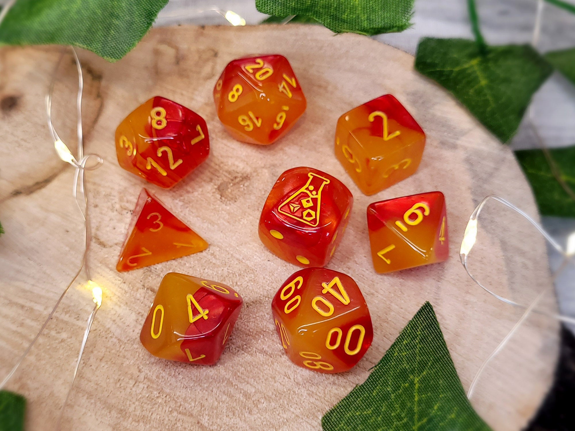 Lab Dice™: Gemini Yellow-Red/yellow Polyhedral Luminary 7+1-Die Set